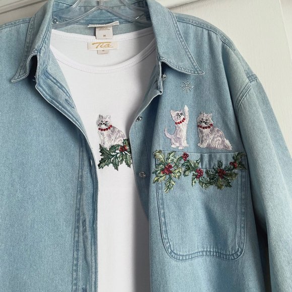 VTG Plus Size Tia Designs Holiday Top/Denim Blouse SET Beaded Embroidered Cat 1X - Picture 5 of 15